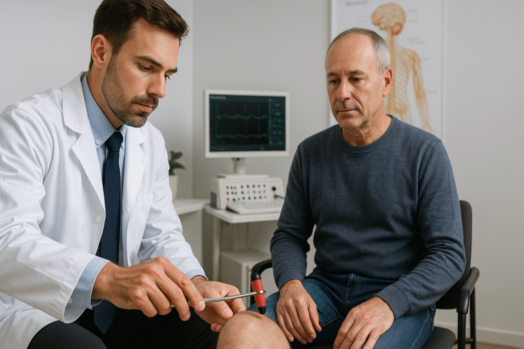 Neurolog bada odruch kolanowy pacjenta w nowoczesnym gabinecie w Częstochowie