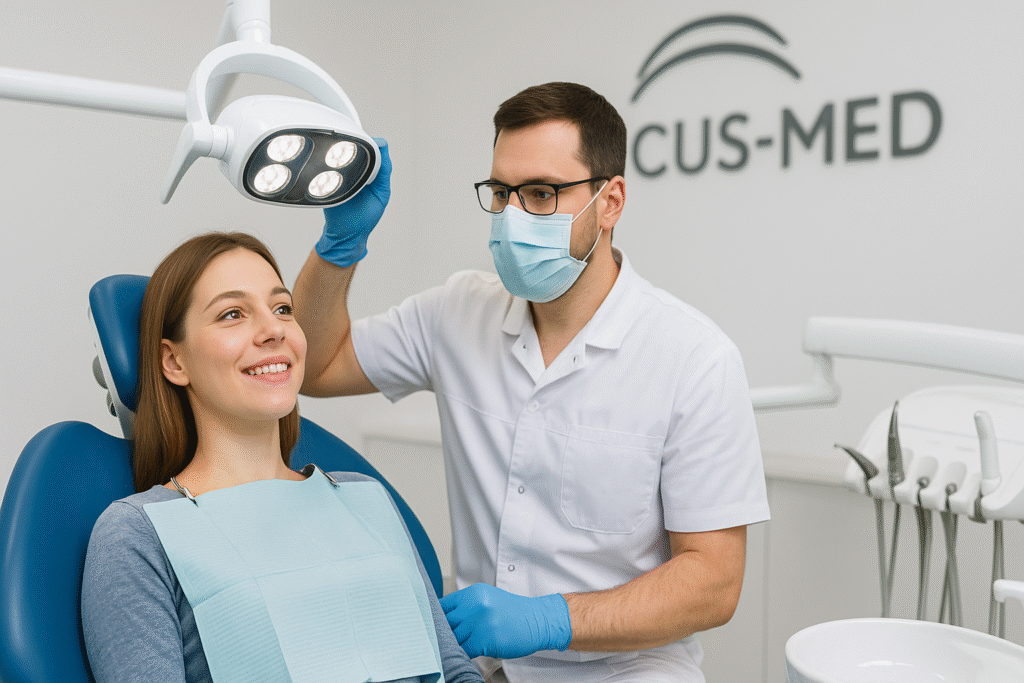 Dentysta w Częstochowie wybielający zęby pacjentce lampą LED