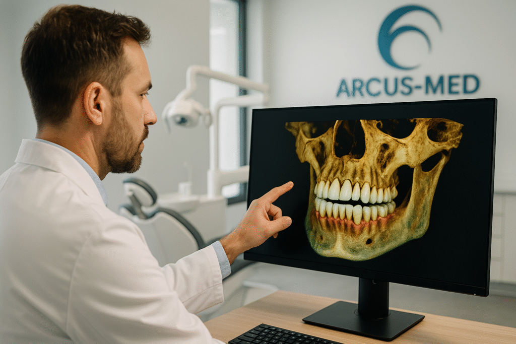 Dentysta przegląda trójwymiarowy obraz CBCT pacjenta w nowoczesnym gabinecie stomatologicznym