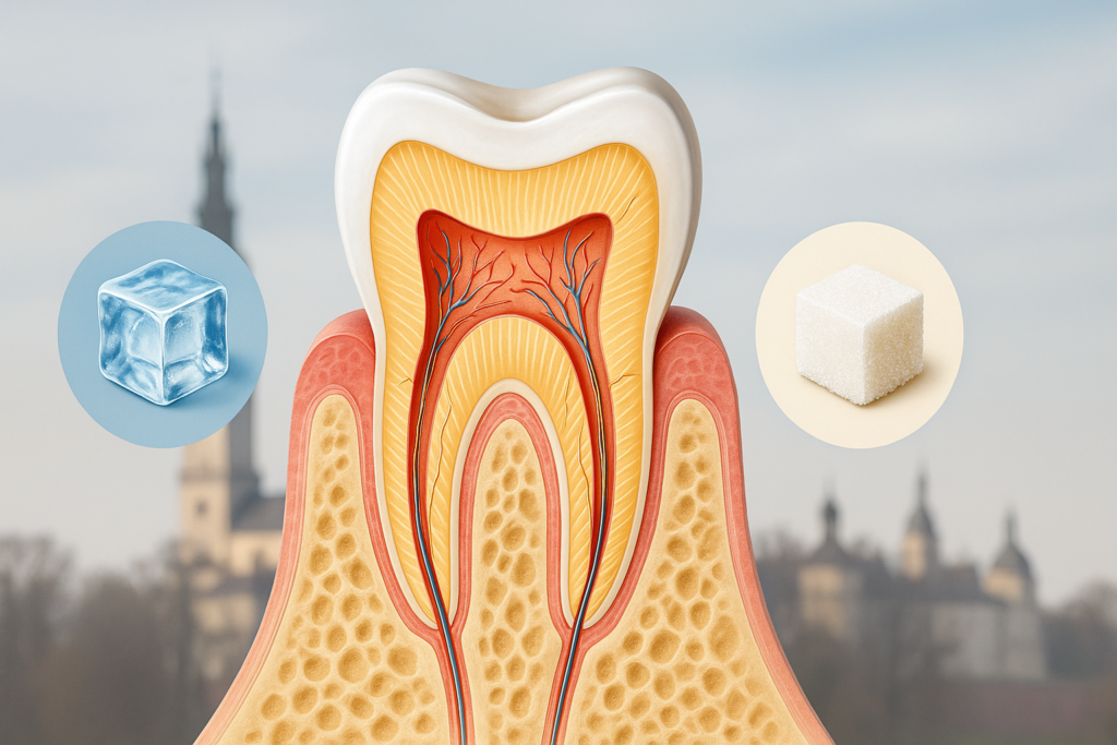 Przekrój zęba z oznaczoną nadwrażliwością na zimno i słodkie bodźce