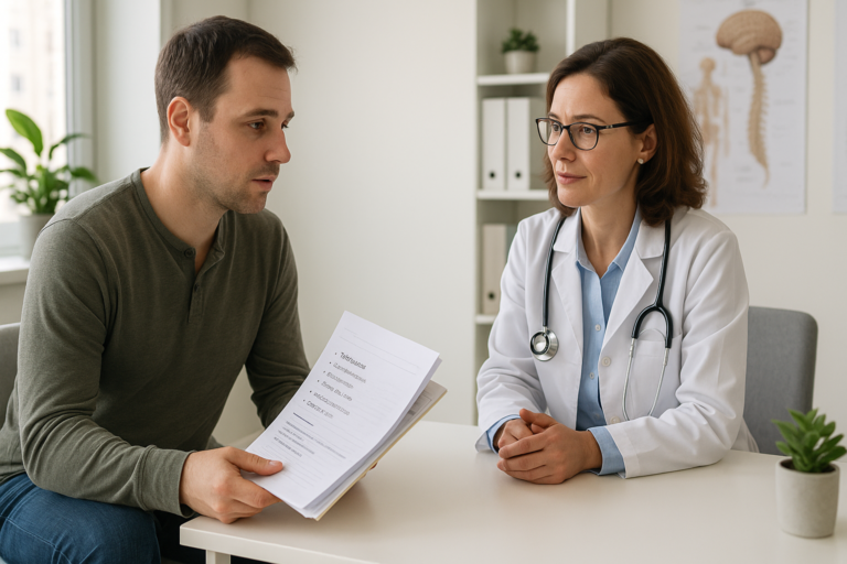 Pacjent przygotowany do pierwszej wizyty u neurologa z dokumentacją i notatkami o objawach